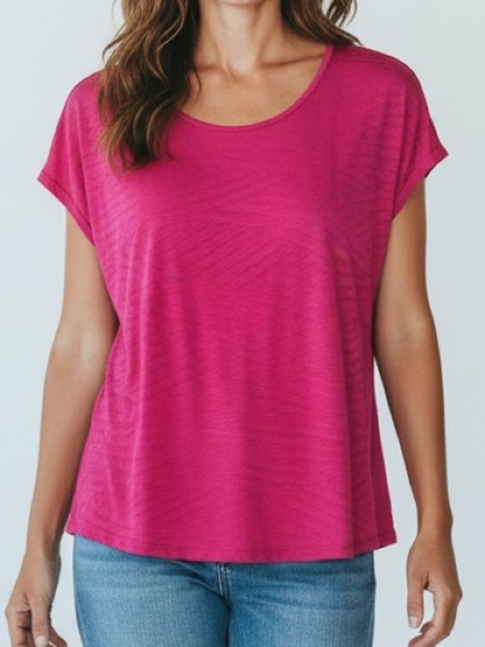 Liz Claiborne Fuchsia Sheer-Striped Short Sleeve Top
